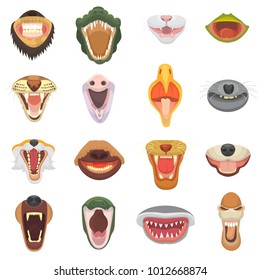 Animals mouth vector open jaw with teeth or fangs of roaring animals angry lion or cat and laughing bear with aggressive shark illustration set of animalistic beast isolated on white background