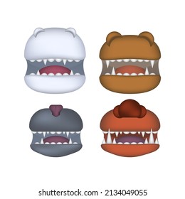 Animals mouth vector open jaw with teeth or fangs of roaring animals angry lion or cat and laughing bear with aggressive shark illustration set of animalistic beast isolated on white background