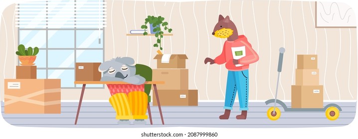 Animals moving to new house put things in cardboard boxes, change of place of residence. Moving to new home, relocation. Ferret and sloth settle down in apartment and decorate interior of house