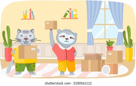 Animals moving to new house put things in cardboard boxes, change of place of residence. Moving to new apartment, relocation. Sloth and cat settle down in habitat and decorate modern interior