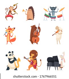 Animals with music instruments. Zoo musicians entertainment cute vocal song music band vector cartoon characters