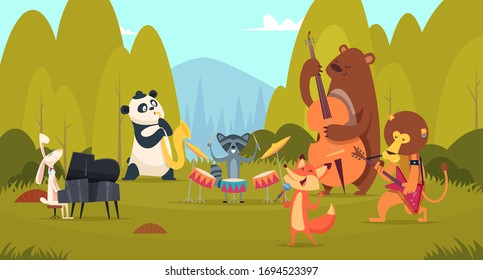 Animals musicians in forest. Music band playing on instruments in the green meadow zoo vocal entertainment voice band vector background