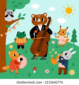 Animals musicians in forest. Orchestra in summer glade. Children concert. Cartoon characters play music. Quintet with instruments in meadow. Jazz band. Musical