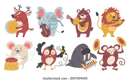 Animals musicians. Kids cartoon characters music band, happy funny instrumental orchestra, wildlife creations party, cute fauna with guitar, drums and flute, vector isolated set