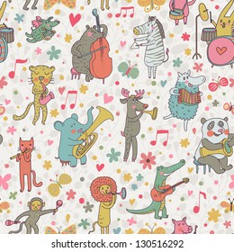 Animals musicians: lion, leopard, elephant, pig, cat, dog, panda, bear, elk, alligator, monkey, sheep, rabbit and zebra in cartoon seamless pattern in vector