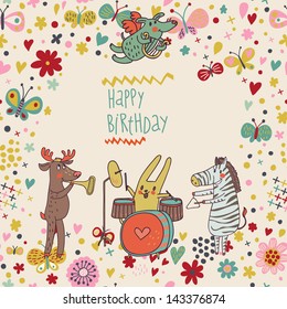 Animals - musicians on birthday party. Zebra, deer, dog, rabbit  are playing on classical musical instruments. Party invitation. Funny vector background with place for text.