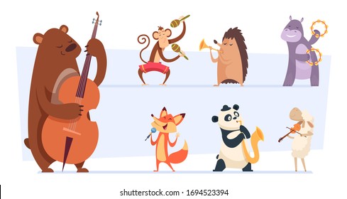 Animals Musicians. Wild Cartoon Zoo Animals With Musical Instruments Vocal And Song Play Band With Guitar Violin Vector Funny Set