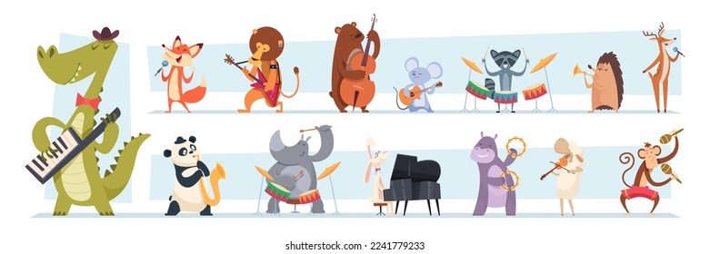 Animals musicians. Wild zoo characters play music instruments exact vector cartoon illustrations of animals on concert