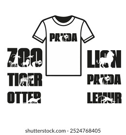 Animals name in block letters and then negative space usage for those animals within the name of the animal. Print for t-shirt design