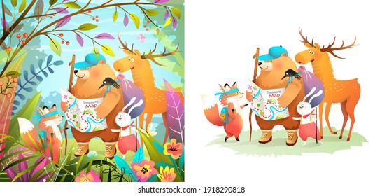 Animals nature adventure for kids, forest scout animal characters hiking and exploring. Bear, fox, deer or elk and rabbit cute cartoons for children isolated on white. Vector in watercolor style.