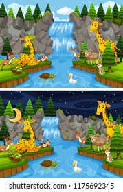 Animals in nature day and night time illustration