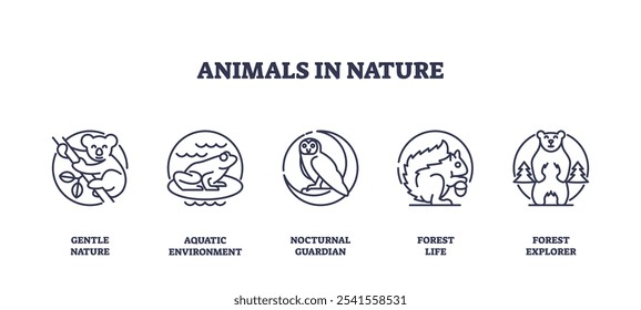 Animals in nature depicted as outline icons, includes koala, frog, owl. Outline icons set.