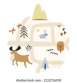 Animals in nature and mountain river. Cartoon map kids nursery poster print isolated on white background. Vector hand drawn illustration