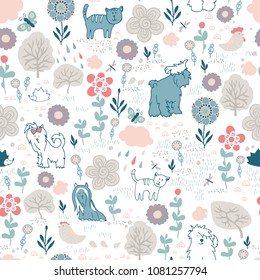 Animals and nature stylized for children's illustration. Seamless pattern.