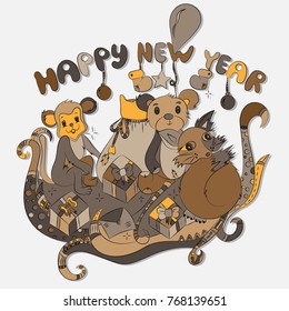 Animals and New Year's gifts.The vector illustration,doodle
