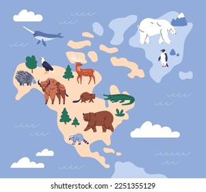 Tiere aus Nordamerika. Rute wilde Säugetiere, Fauna auf der nordamerikanischen Karte. Tierwelt, Lebensräume auf Land und Meer, Ozean. Eisbär, Bison, Adler und Krokodil. Kinderflache Vektorgrafik