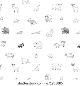 animals of north america doodle hand drawn vector pattern