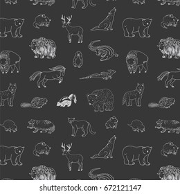 animals of north america doodle hand drawn vector pattern