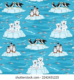 Animals of the north in a pattern.Vector pattern with animals and birds on the background of a cold northern landscape.