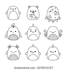 Animals of North Pole. Coloring page. Squishmallow. Black and white whale, polar bear, narwhal, penguin, shark, crab, octopus. Color me. Isolated vector illustration eps