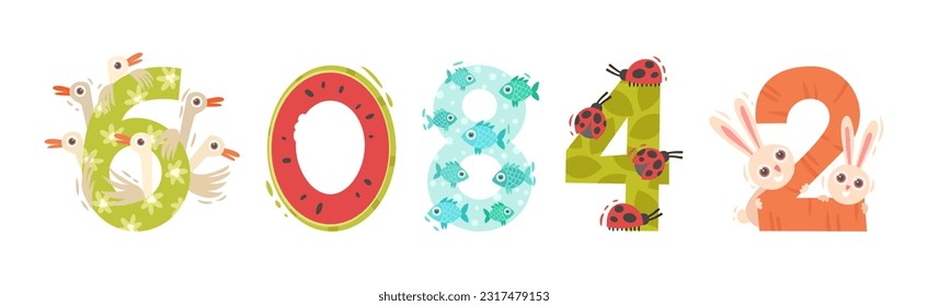 Animals Number and Numerals for Kids with Funny Mammal Vector Set