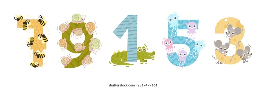 Animals Number and Numerals for Kids with Funny Mammal Vector Set