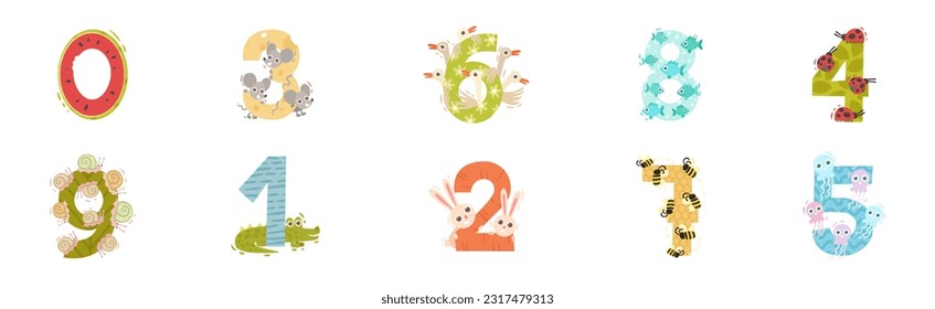 Animals Number and Numerals for Kids with Funny Mammal Vector Set