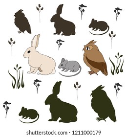 Animals Objects isolated om white background,vector rabbits,set of owl,mouses siluet,siluets of animals,colors pattern,isolated objects on white background