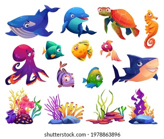 Animals Of Ocean, Corals And Algae, Set Isolated Cartoon Icons. Vector Dolphin And Shark, Whale And Fish, Turtle And Jellyfish. Childish Seabed Sea Bottom Creatures, Marine Underwater Plants