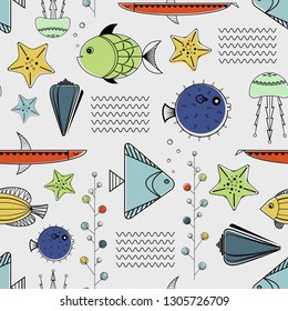 Animals of the ocean. Cute background with different stylized types of fish, jellyfish, sea stars and seashells. Summer vector repeat pattern