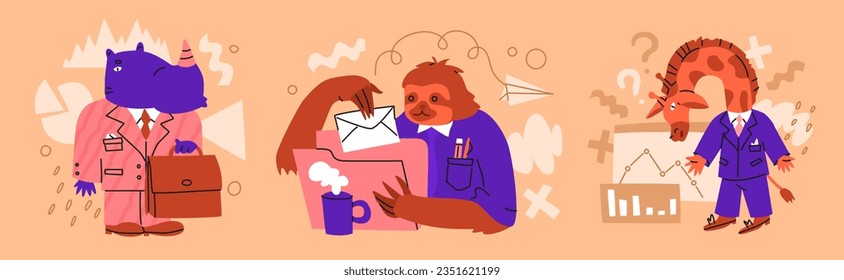 Animals in office suits solve different business problems. Office worker concept. Animals in the world of business. Allegory for the human world. Vector illustration isolated on white background.