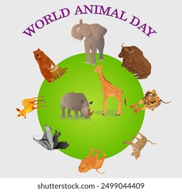 Animals on the background of the earth globe. World animal day text. Vector illustration for icon and logo design isolated on white.