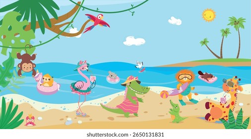 Animais na praia. Diferentes personagens de animais descansam no mar ou no oceano. Crocodilo, macaco flamingo leão girafa. Descanso ao ar livre, natação, ilustração vetorial atual