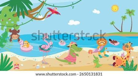 Animals on beach. Different animal characters rest on sea or ocean. Crocodile, monkey flamingo lion giraffe. Outdoor resting, swimming, nowaday vector illustration