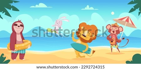 Animals on beach. Summer cartoon travellers relax in swim suit on the ocean beach exact vector wild funny animals