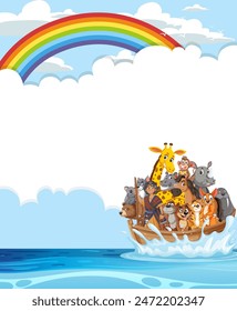 Animals on a boat beneath a rainbow