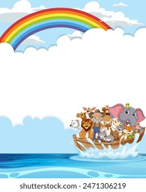 Animals on a boat with a rainbow