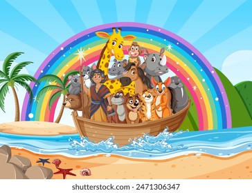 Animals on a boat with a rainbow