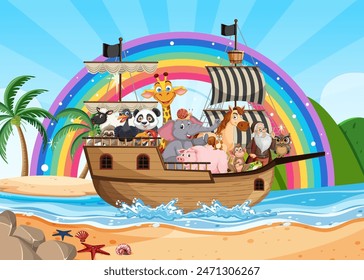 Animals on a boat with a rainbow background