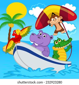 animals on boat ride with monkey on hang glider - vector illustration, eps