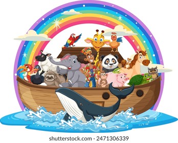 Animals on a boat under a rainbow