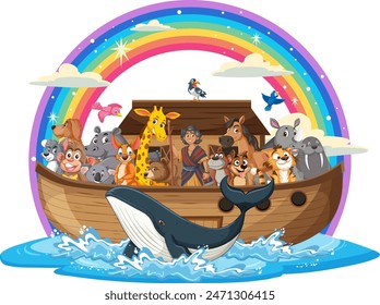 Animals on a boat under a rainbow