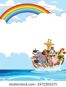 Animals on a boat under a rainbow