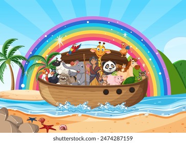 Tiere auf einem Boot unter einem Regenbogen