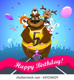 Animals on colorful background. bear on a bicycle with friends crosses the finish line. banner "Happy Birthday". Shirt with number 5. vector illustration.