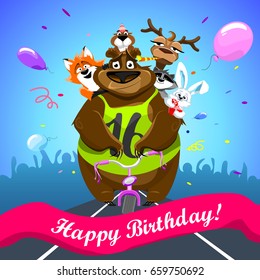 Animals on colorful background. bear on a bicycle with friends crosses the finish line. banner "Happy Birthday". Shirt with number 16. vector illustration.
