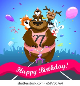 Animals on colorful background. bear on a bicycle with friends crosses the finish line. banner "Happy Birthday". Shirt with number 27. vector illustration.