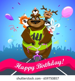 Animals on colorful background. bear on a bicycle with friends crosses the finish line. banner "Happy Birthday". Shirt with number 14. vector illustration.