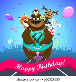 Animals on colorful background. bear on a bicycle with friends crosses the finish line. banner "Happy Birthday". Shirt with number 32. vector illustration.