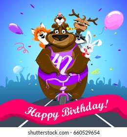 Animals on colorful background. bear on a bicycle with friends crosses the finish line. banner "Happy Birthday". Shirt with number 42. vector illustration.